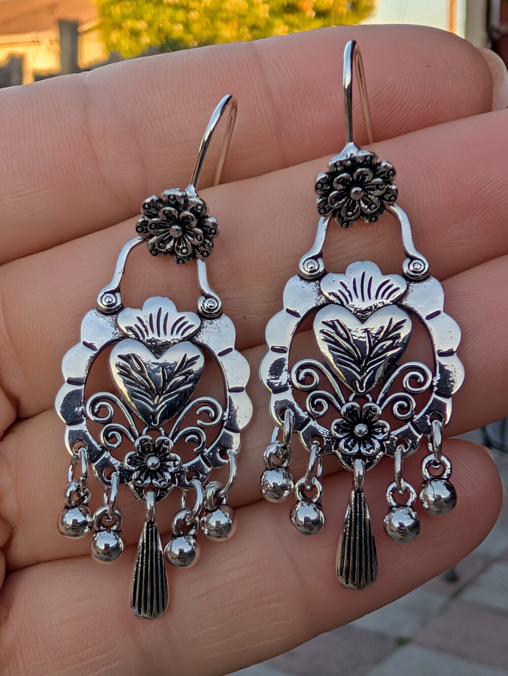 Mexican Style Silver Floral Filigree Dangle Earrings - Picture 2 of 5